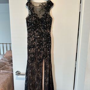 Morilee Prom Dress from Terry Costa. Black/nude, sheer, lace dress. Size USA 5/6